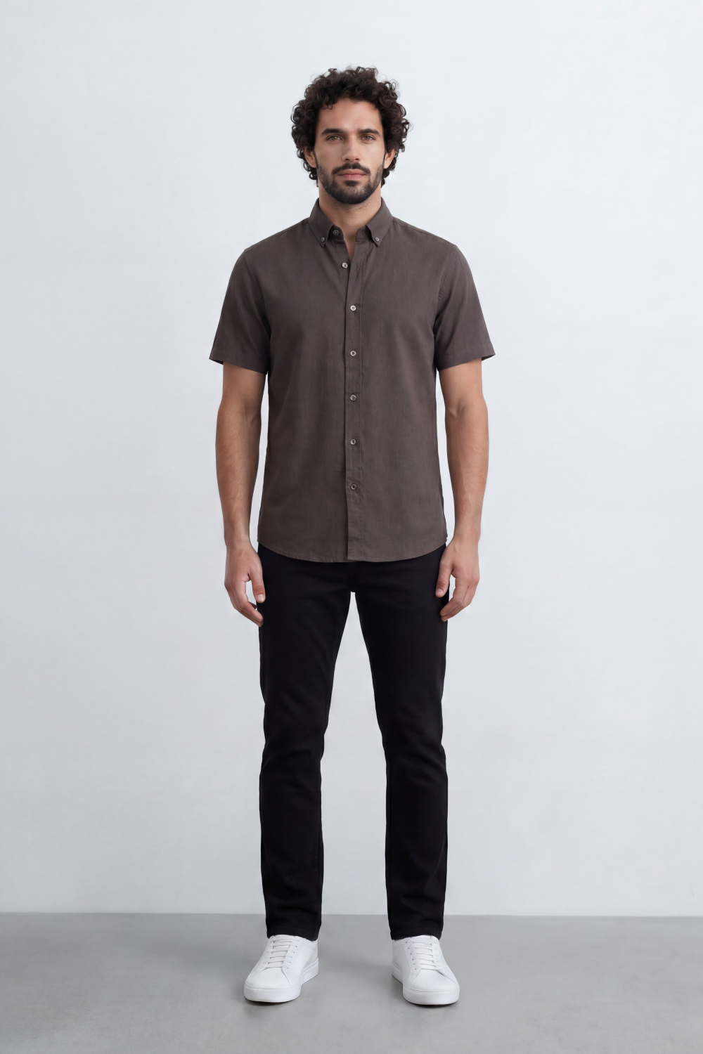Men’s Tomato Store Shirt With Button Down Collar Short Sleeves Front Placket Texture Curved Hem Regular Fit