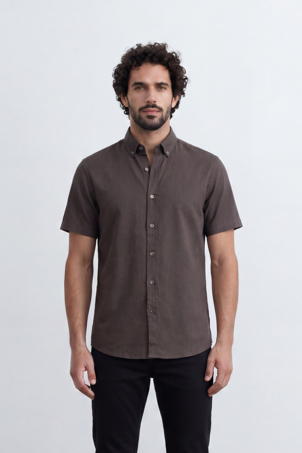 Men’s Tomato Store Shirt With Button Down Collar Short Sleeves Front Placket Texture Curved Hem Regular Fit