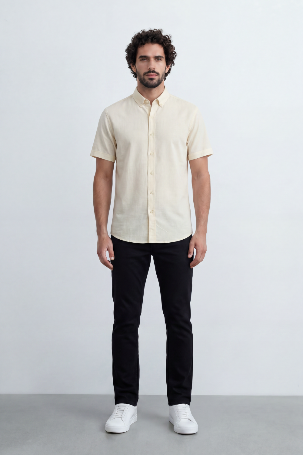 Men’s Tomato Store Shirt With Button Down Collar Short Sleeves Front Placket Texture Curved Hem Regular Fit
