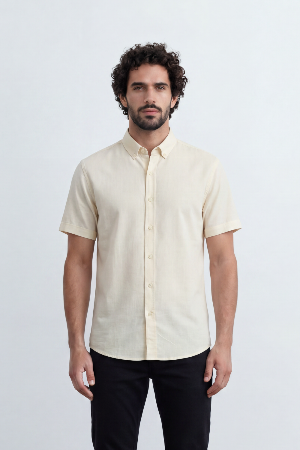 Men’s Tomato Store Shirt With Button Down Collar Short Sleeves Front Placket Texture Curved Hem Regular Fit