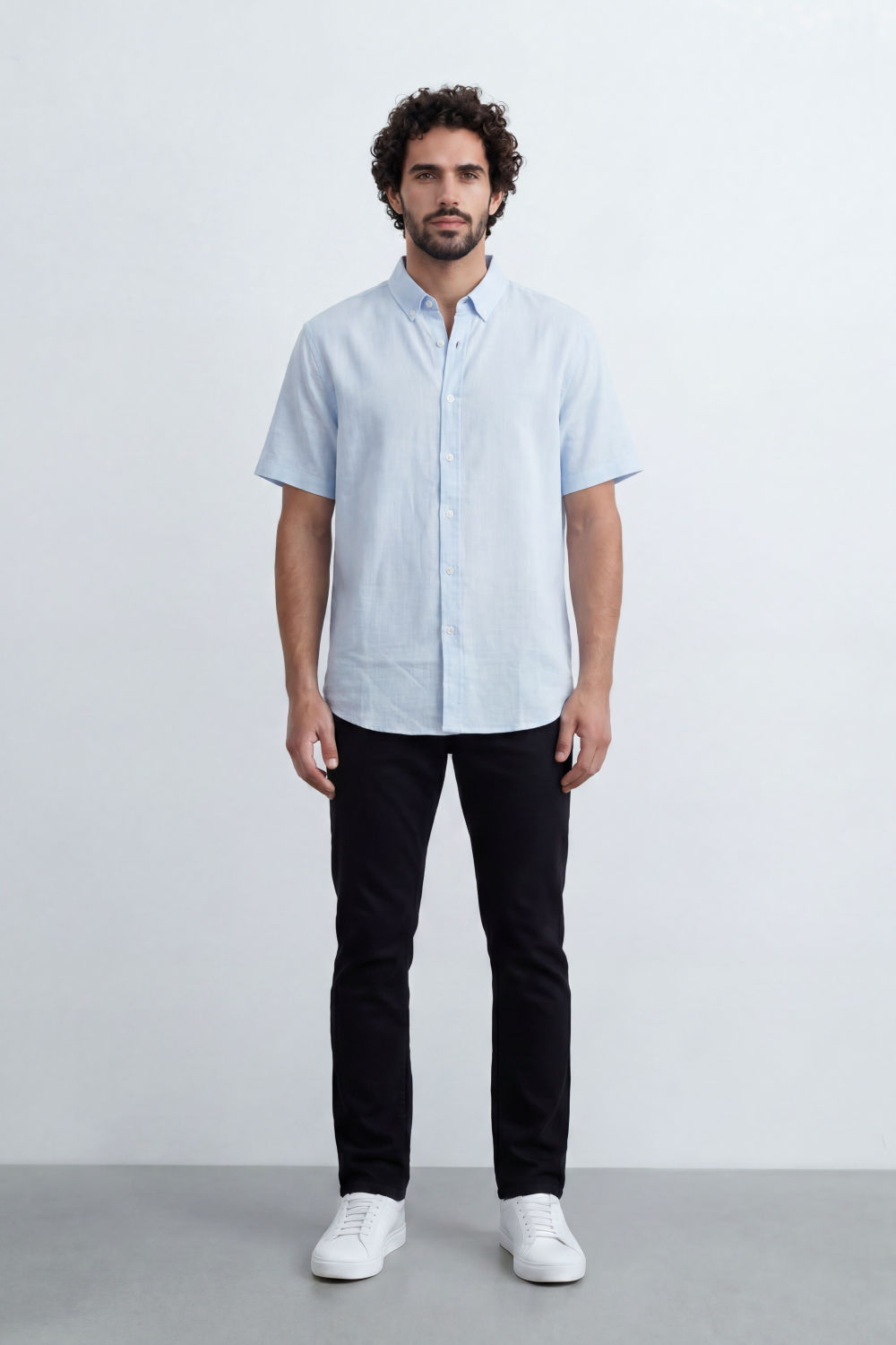 Men’s Tomato Store Shirt With Button Down Collar Short Sleeves Front Placket Texture Curved Hem Regular Fit