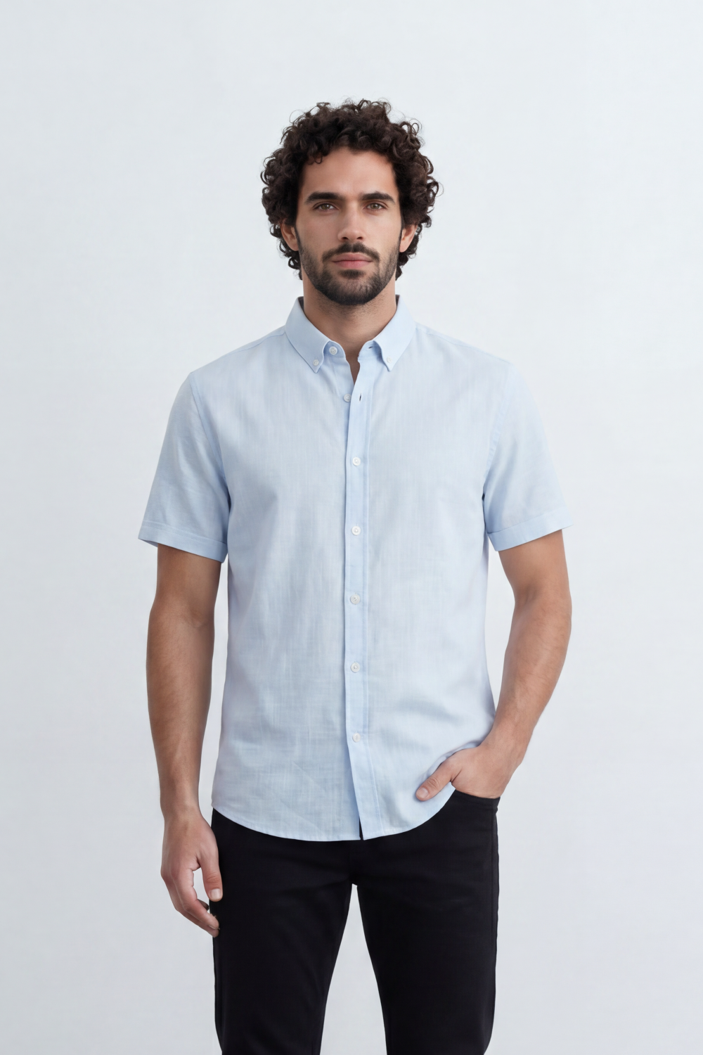 Men’s Tomato Store Shirt With Button Down Collar Short Sleeves Front Placket Texture Curved Hem Regular Fit