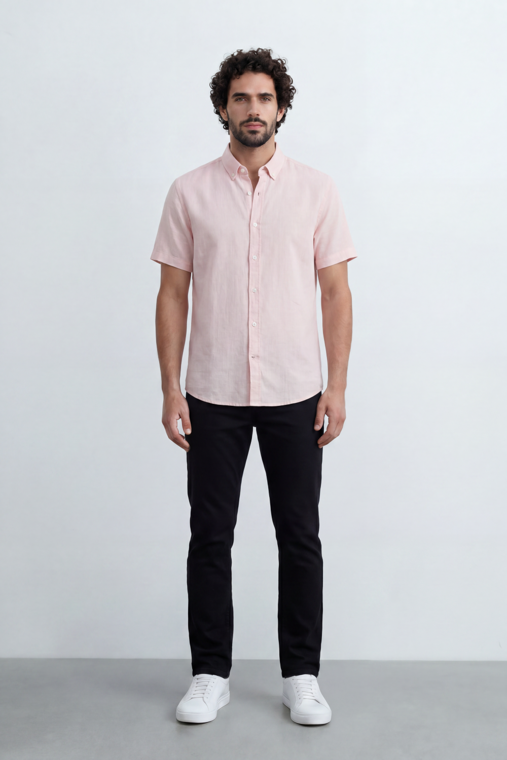 Men’s Tomato Store Shirt With Button Down Collar Short Sleeves Front Placket Texture Curved Hem Regular Fit