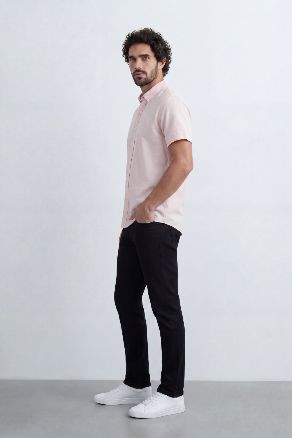 Men’s Tomato Store Shirt With Button Down Collar Short Sleeves Front Placket Texture Curved Hem Regular Fit