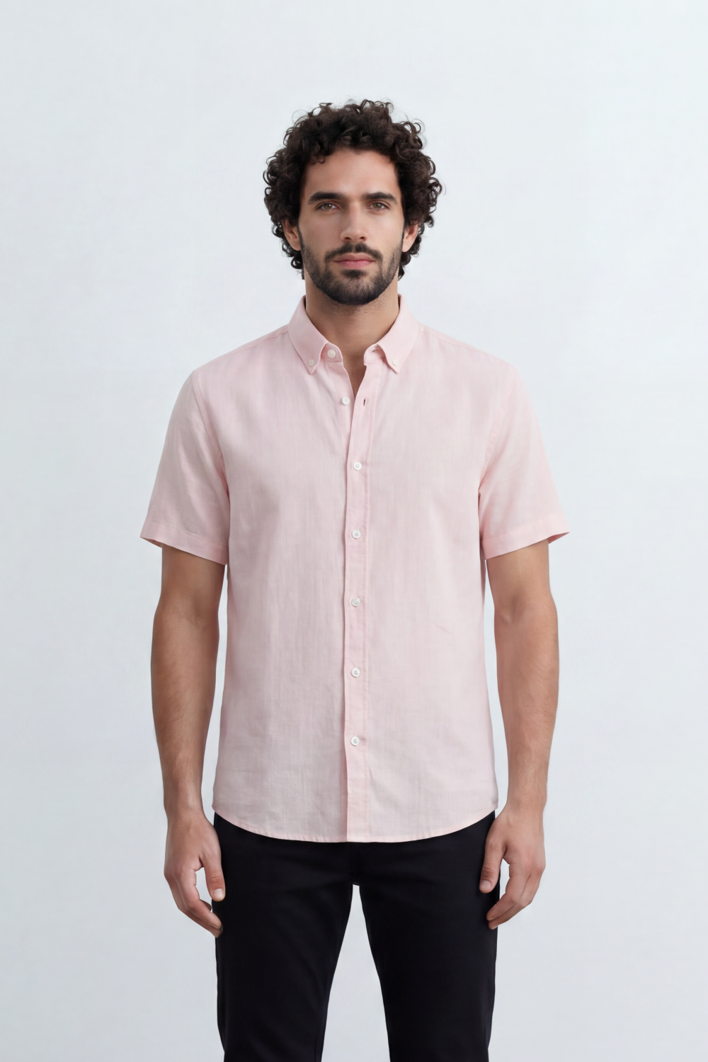 Men’s Tomato Store Shirt With Button Down Collar Short Sleeves Front Placket Texture Curved Hem Regular Fit