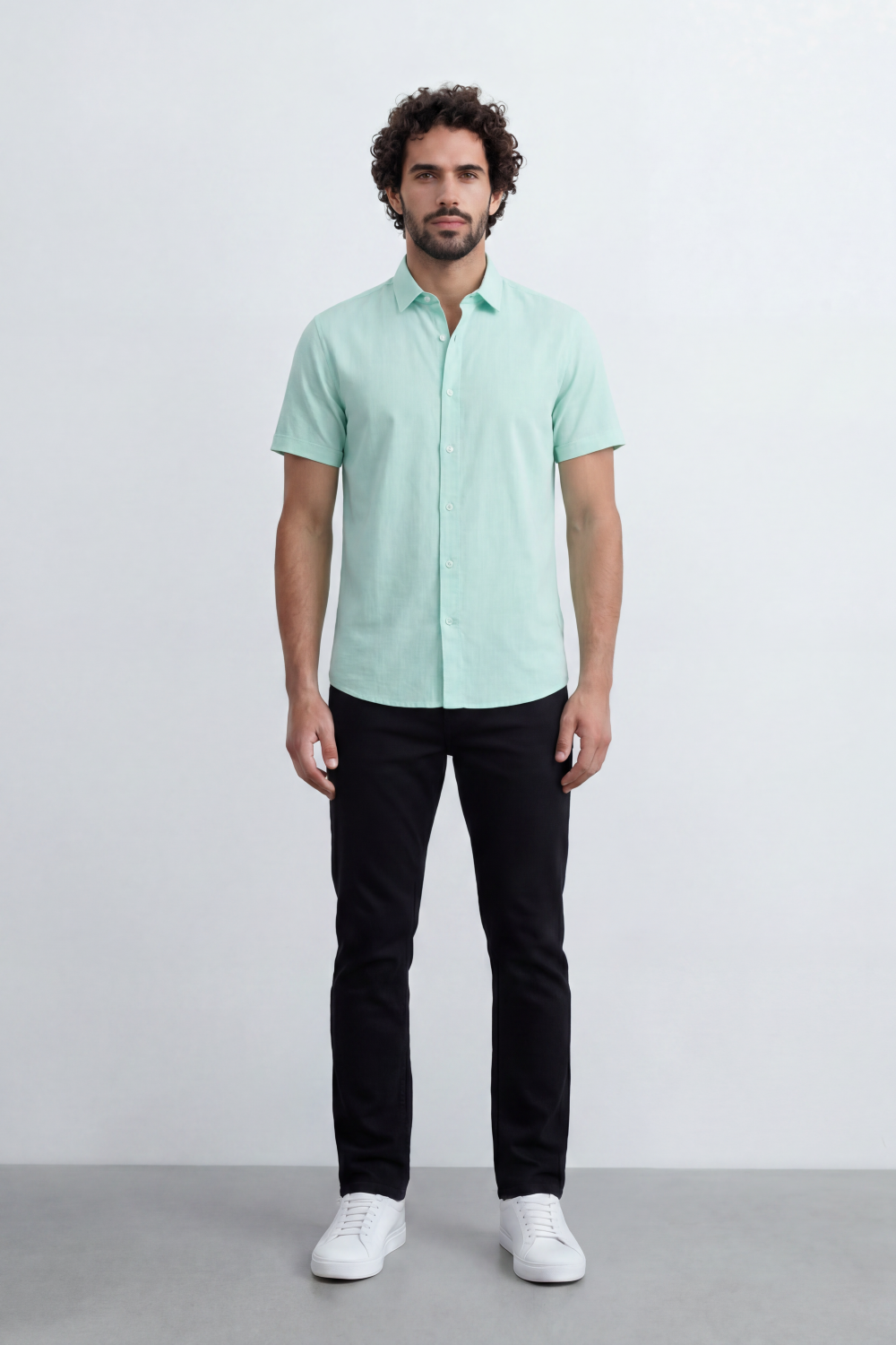 Men’s Tomato Store Shirt With Button Down Collar Short Sleeves Front Placket Texture Curved Hem Regular Fit