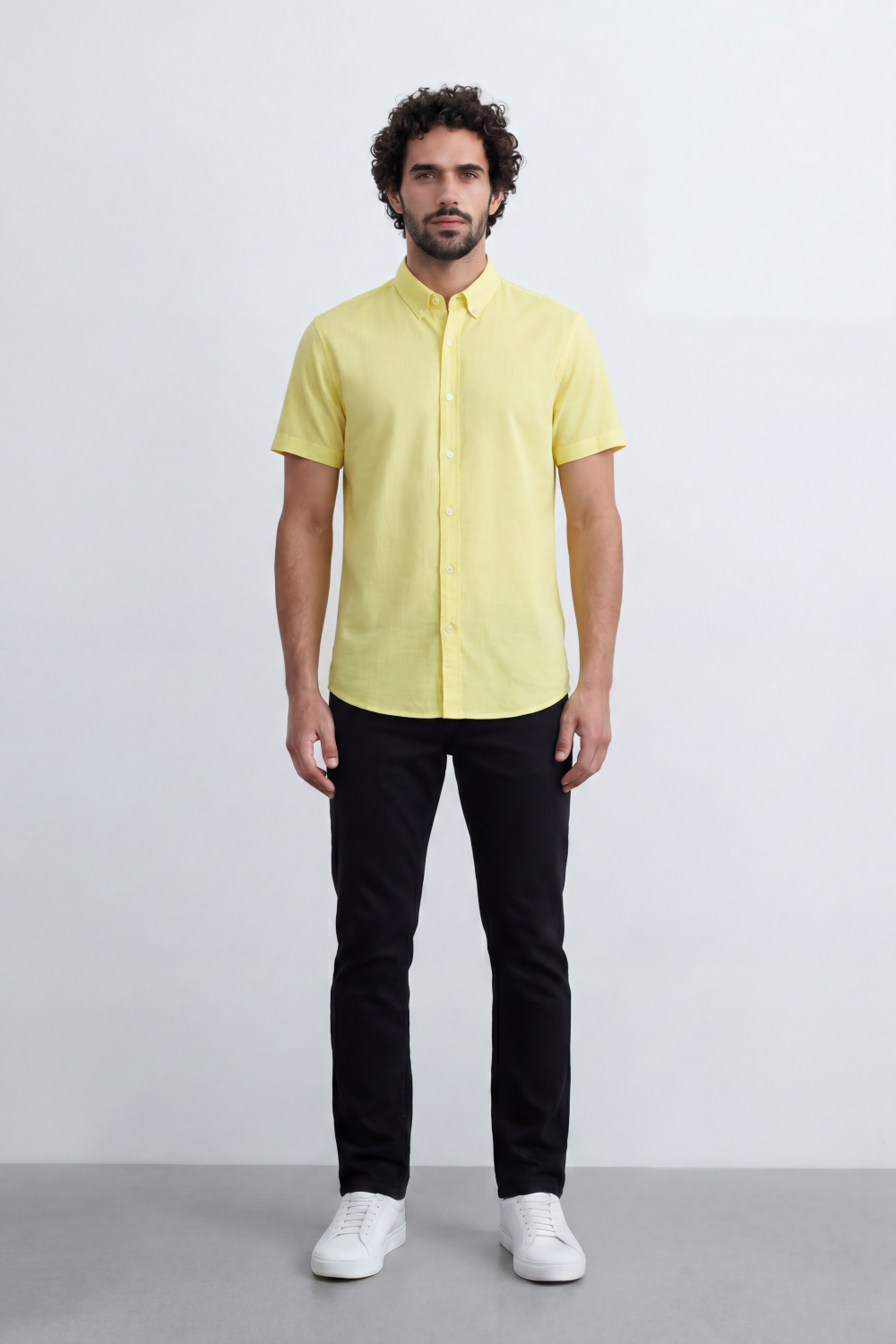 Men’s Tomato Store Shirt With Button Down Collar Short Sleeves Front Placket Texture Curved Hem Regular Fit