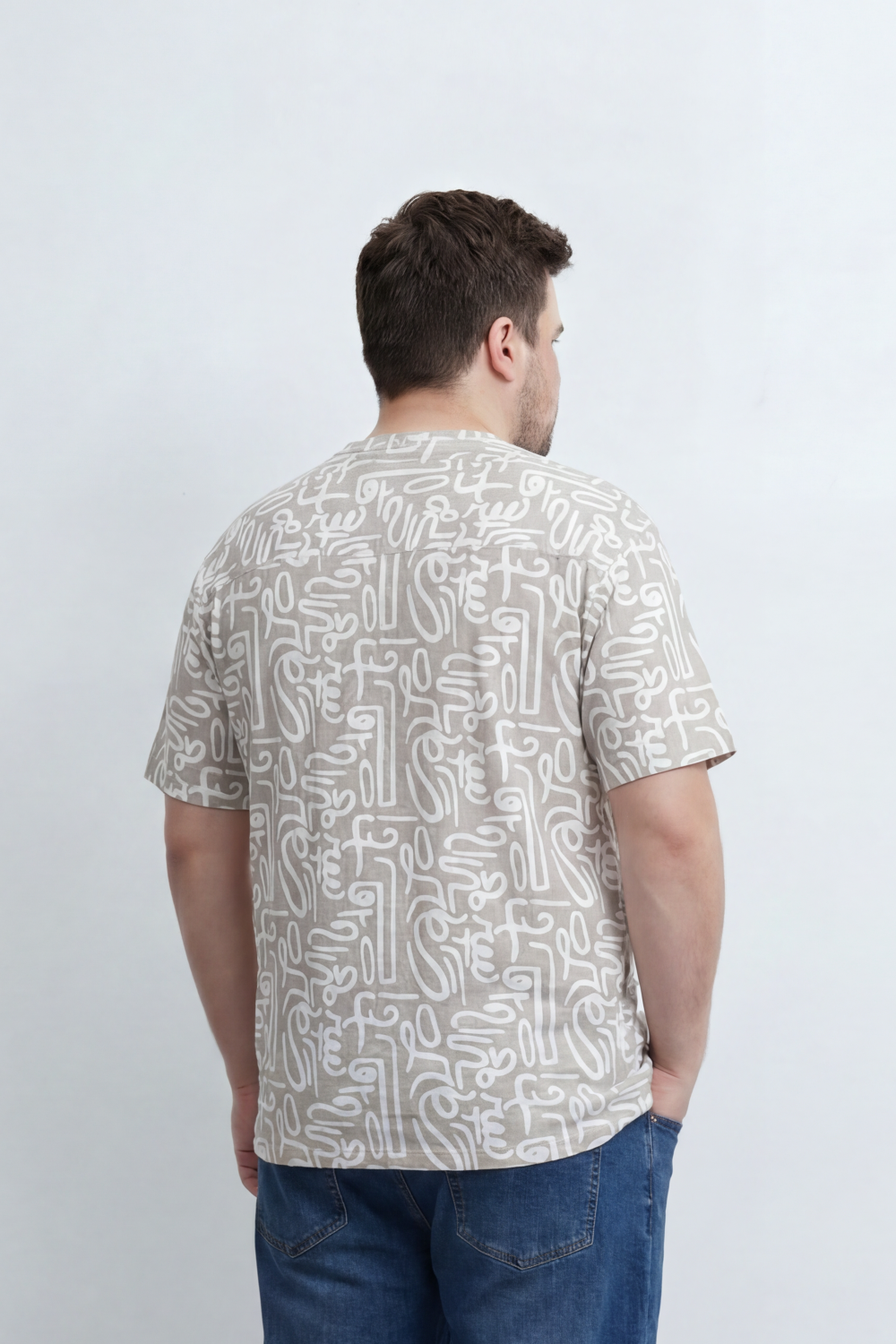 Men’s Tomato Store Big Size Maze Script Resort Shirt Abstract Calligraphy Print Covers The Full Body Over A Fine Slub Grain