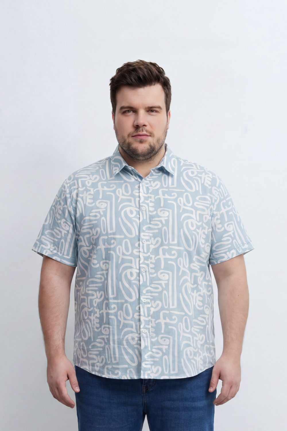 Men’s Tomato Store Big Size Maze Script Resort Shirt Abstract Calligraphy Print Covers The Full Body Over A Fine Slub Grain