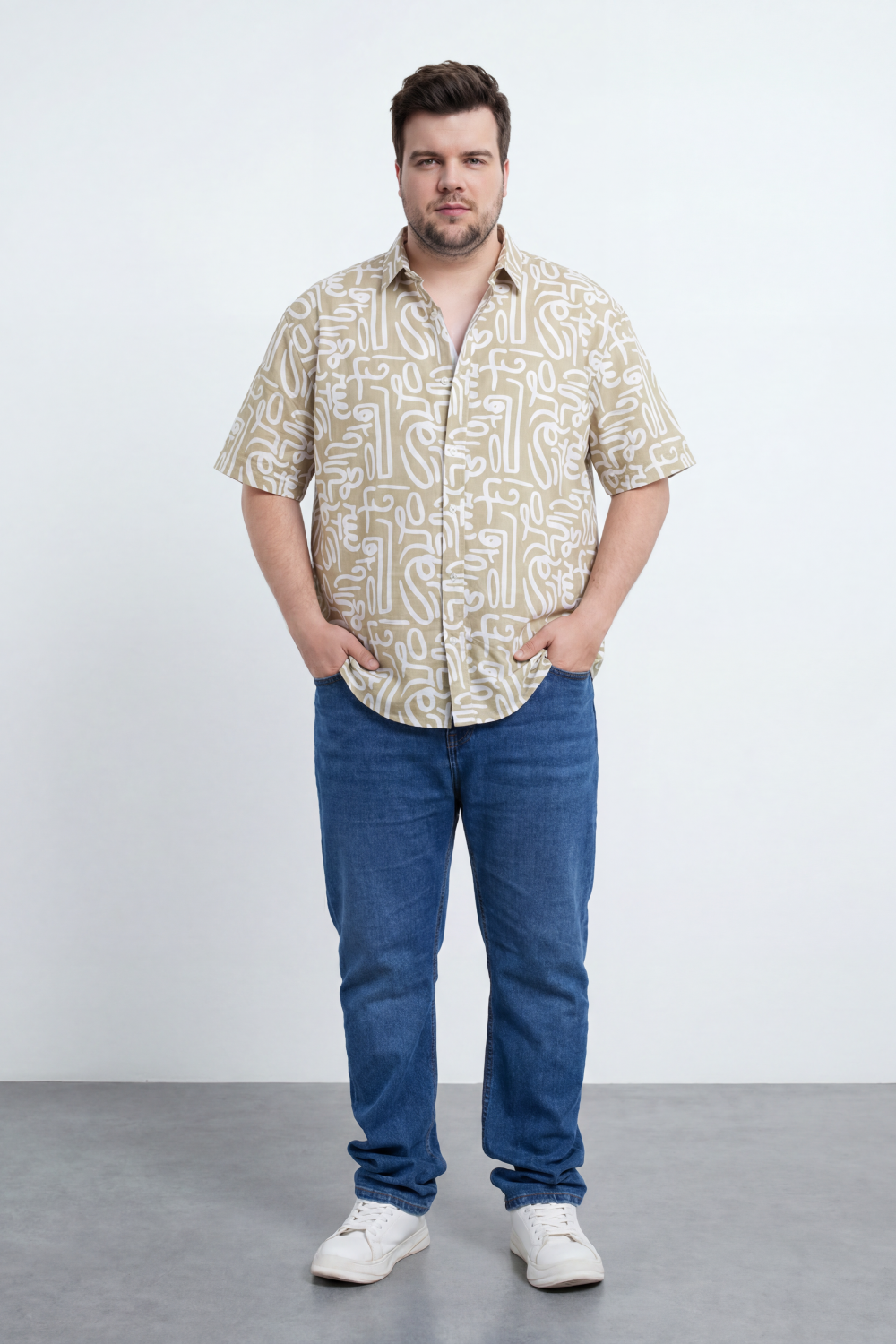 Men’s Tomato Store Big Size Maze Script Resort Shirt Abstract Calligraphy Print Covers The Full Body Over A Fine Slub Grain