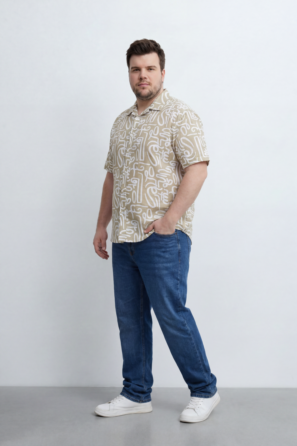 Men’s Tomato Store Big Size Maze Script Resort Shirt Abstract Calligraphy Print Covers The Full Body Over A Fine Slub Grain
