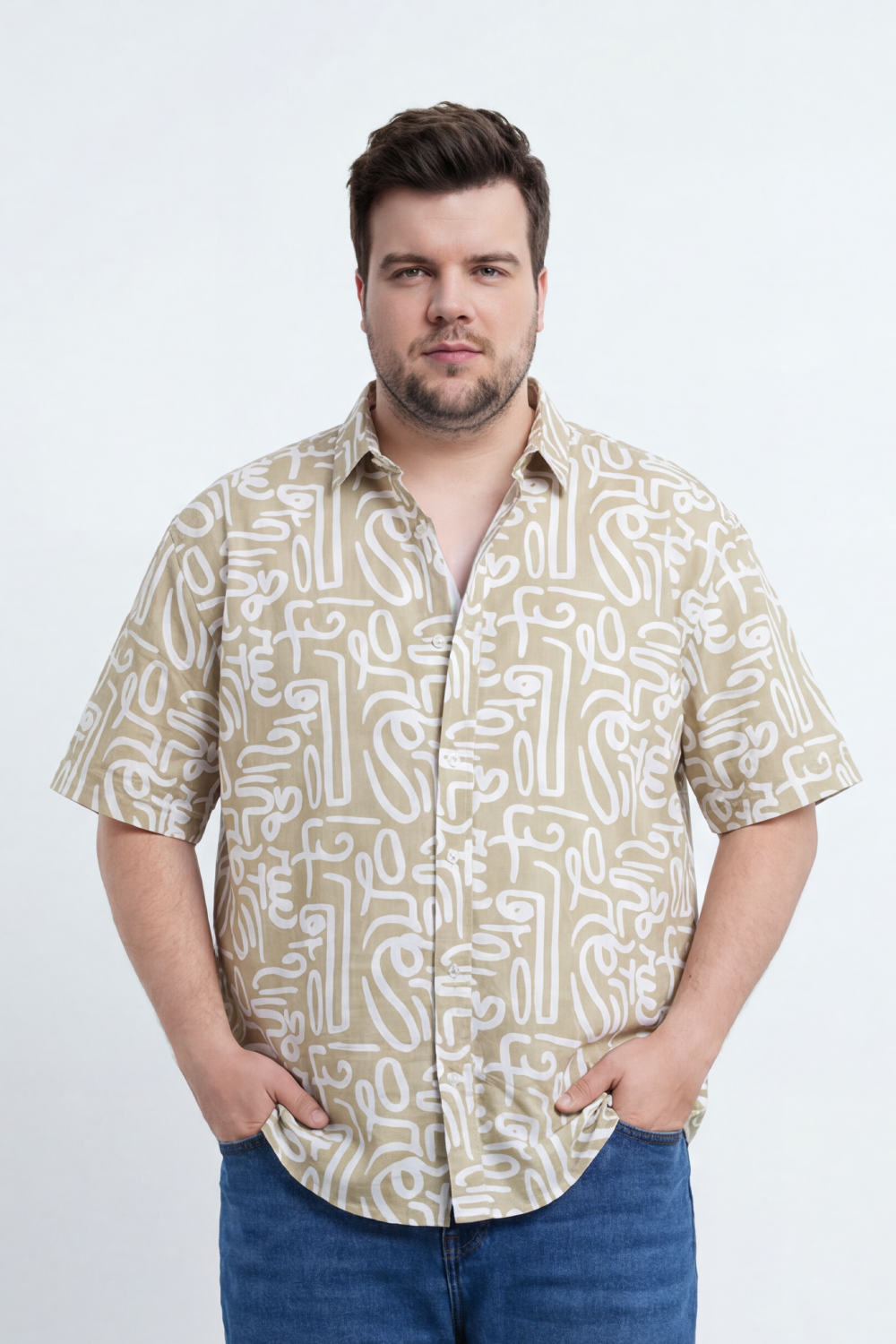 Men’s Tomato Store Big Size Maze Script Resort Shirt Abstract Calligraphy Print Covers The Full Body Over A Fine Slub Grain
