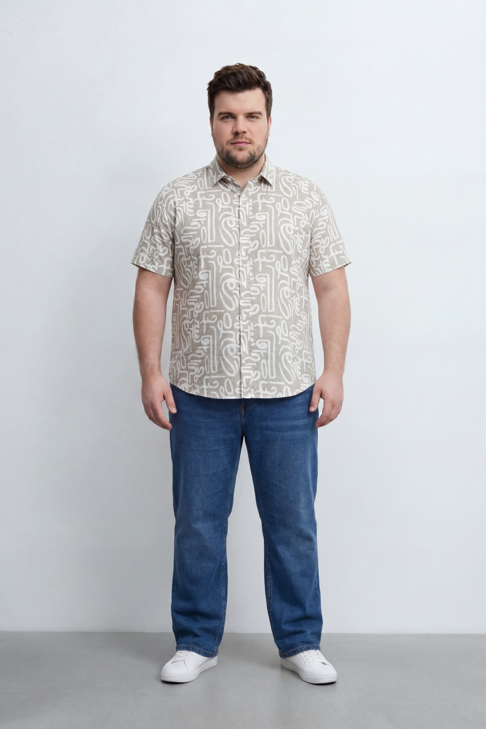 Men’s Tomato Store Big Size Maze Script Resort Shirt Abstract Calligraphy Print Covers The Full Body Over A Fine Slub Grain