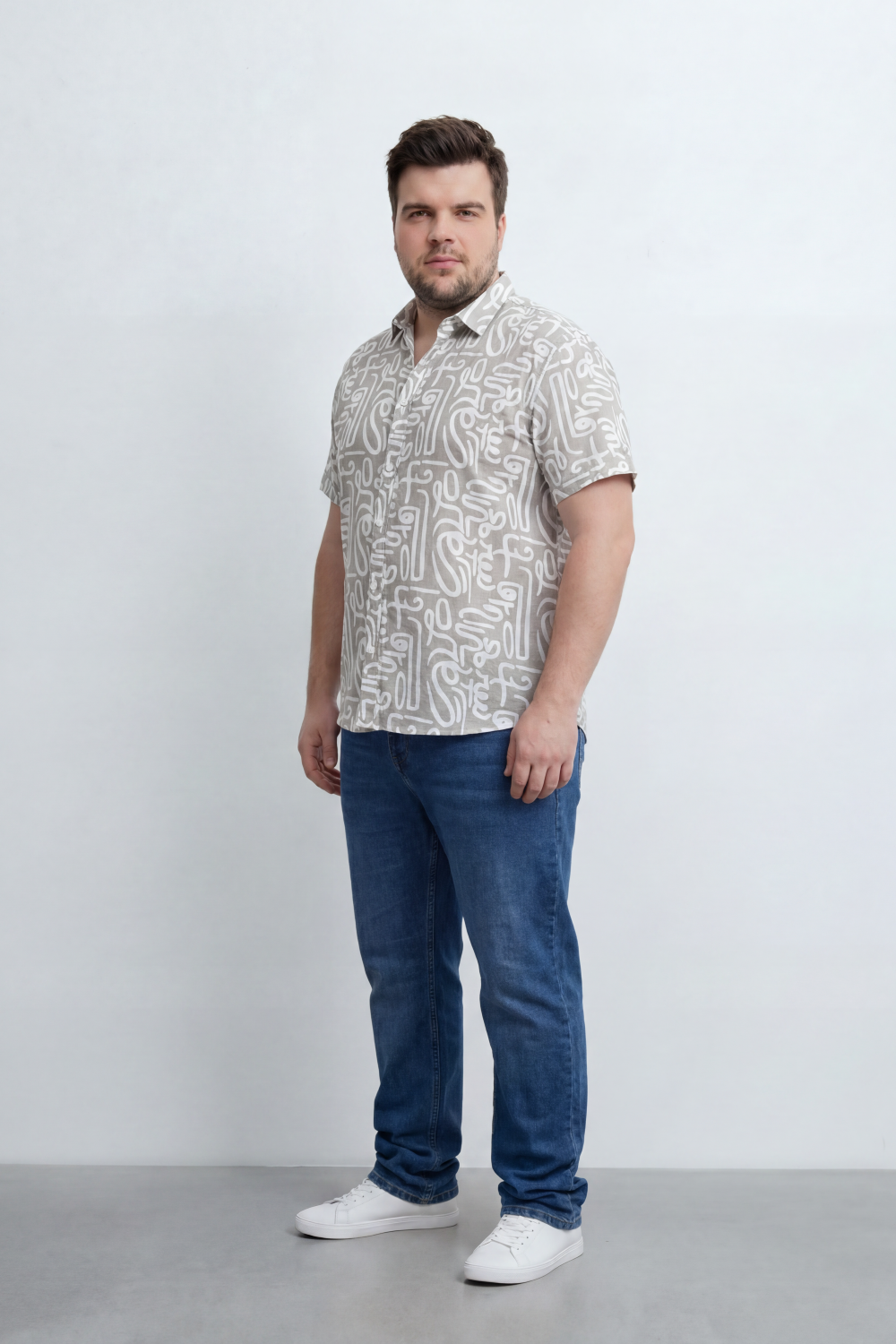 Men’s Tomato Store Big Size Maze Script Resort Shirt Abstract Calligraphy Print Covers The Full Body Over A Fine Slub Grain