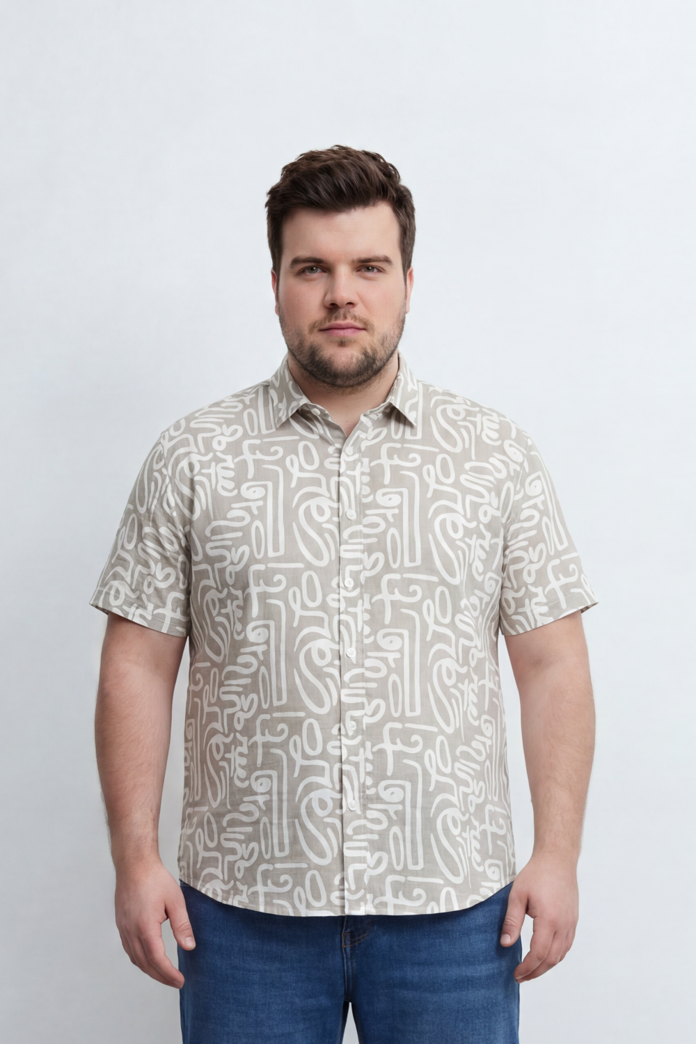Men’s Tomato Store Big Size Maze Script Resort Shirt Abstract Calligraphy Print Covers The Full Body Over A Fine Slub Grain
