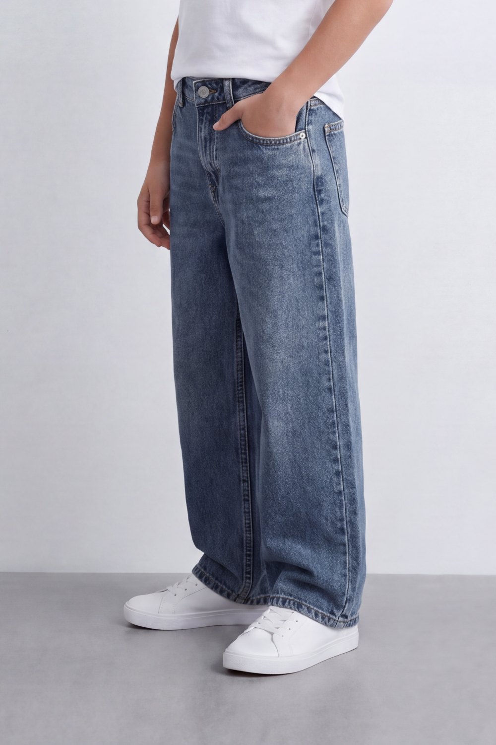 Boy's Tomato Store Vintage Wide Leg Jeans Washed Grain Surface With Soft Vertical Fade Five Pocket Detail Pants