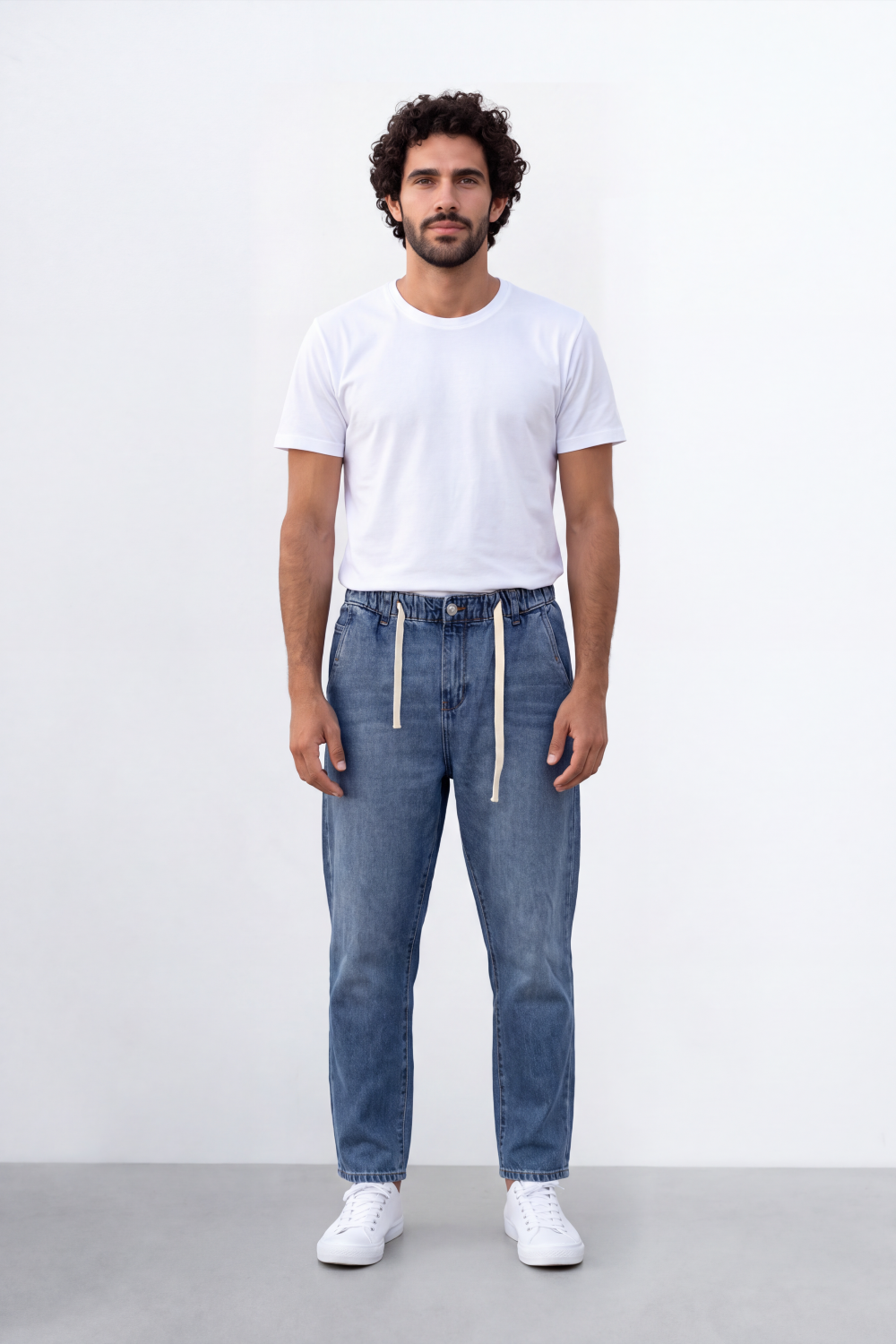 Men's Tomato Store Washed Denim Jogger Jeans Boyfriend Pants Elastic Waist Contrast Drawstring Detail