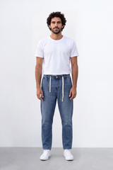 Men's Tomato Store Washed Denim Jogger Jeans Boyfriend Pants Elastic Waist Contrast Drawstring Detail