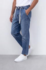 Men's Tomato Store Washed Denim Jogger Jeans Boyfriend Pants Elastic Waist Contrast Drawstring Detail