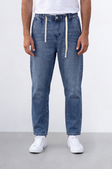 Men's Tomato Store Washed Denim Jogger Jeans Boyfriend Pants Elastic Waist Contrast Drawstring Detail