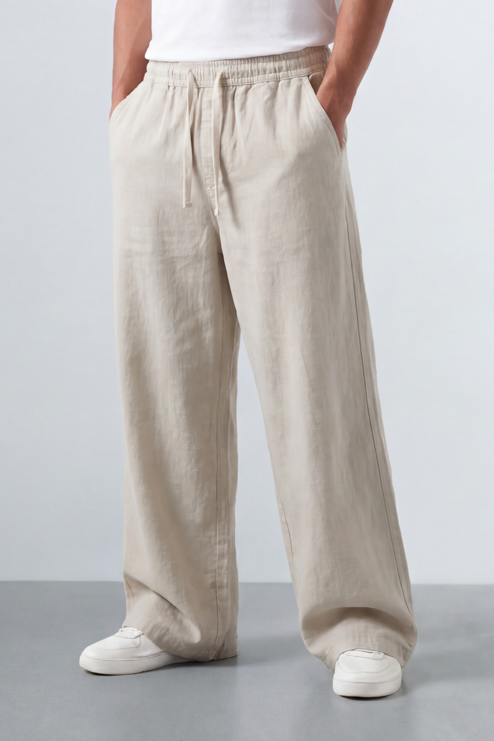 Men’s Tomato Store Drift Ease Wide Linen Pants Soft Washed Grain Texture Falls Through A Loose Flowing Shape Elastic Waist
