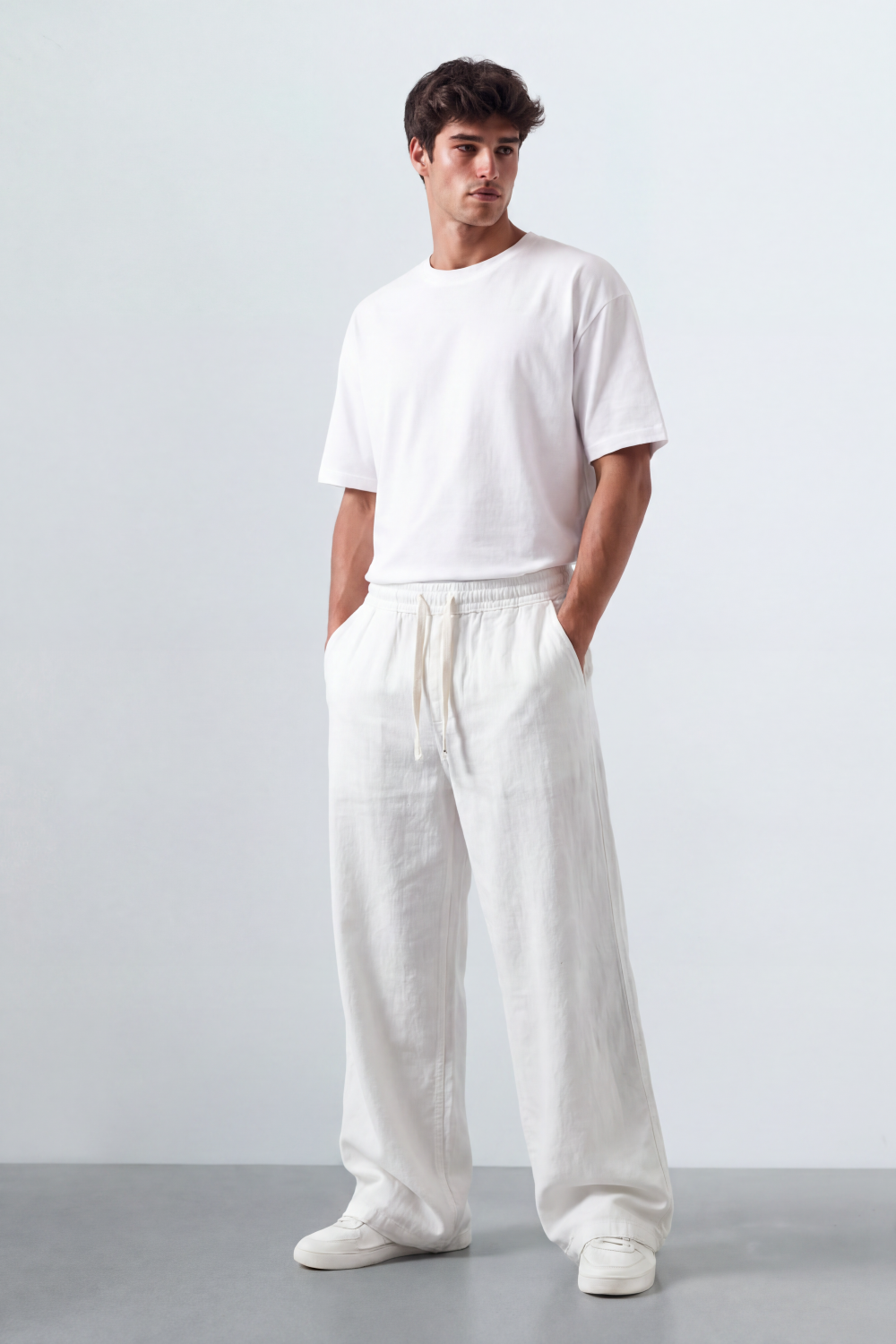 Men’s Tomato Store Drift Ease Wide Linen Pants Soft Washed Grain Texture Falls Through A Loose Flowing Shape Elastic Waist
