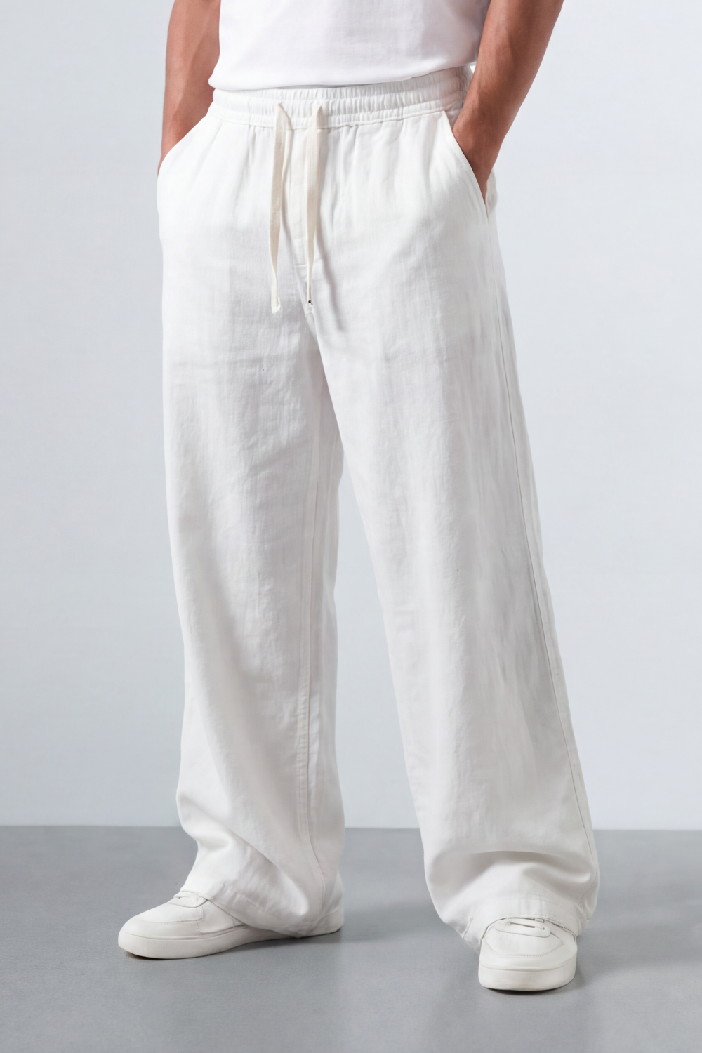 Men’s Tomato Store Drift Ease Wide Linen Pants Soft Washed Grain Texture Falls Through A Loose Flowing Shape Elastic Waist