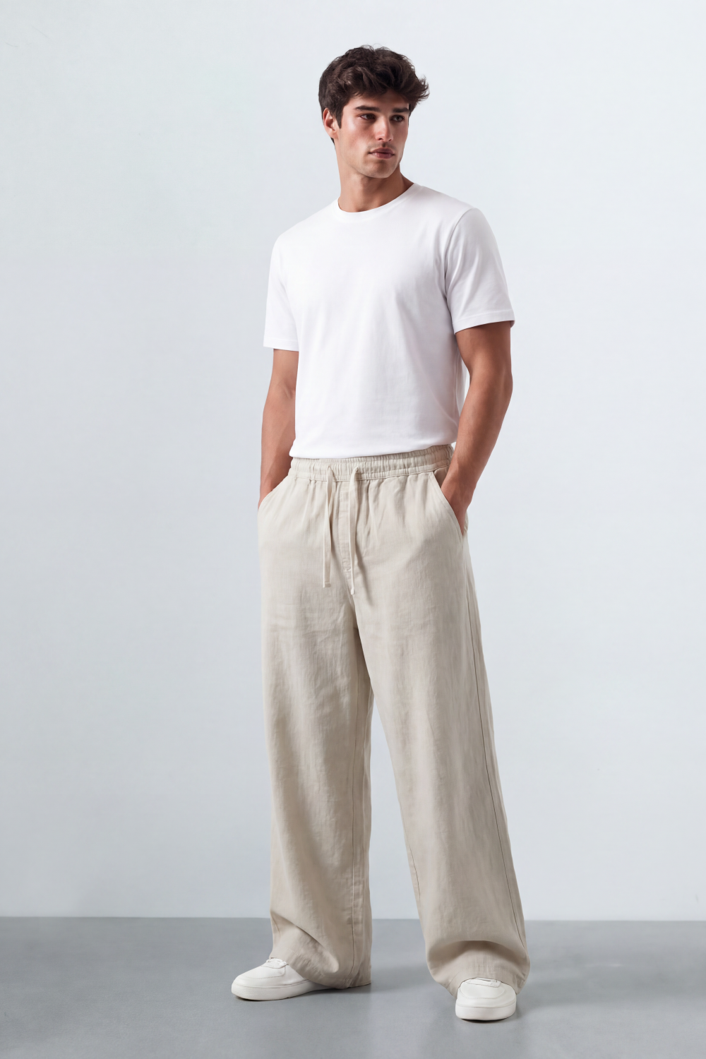 Men’s Tomato Store Drift Ease Wide Linen Pants Soft Washed Grain Texture Falls Through A Loose Flowing Shape Elastic Waist