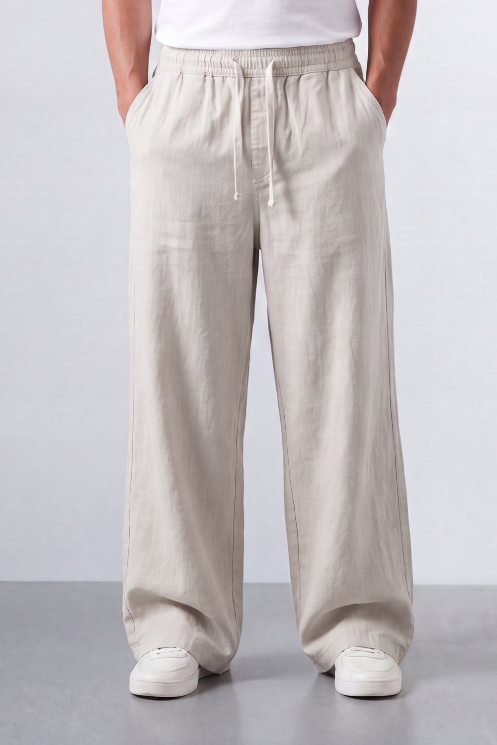Men’s Tomato Store Drift Ease Wide Linen Pants Soft Washed Grain Texture Falls Through A Loose Flowing Shape Elastic Waist