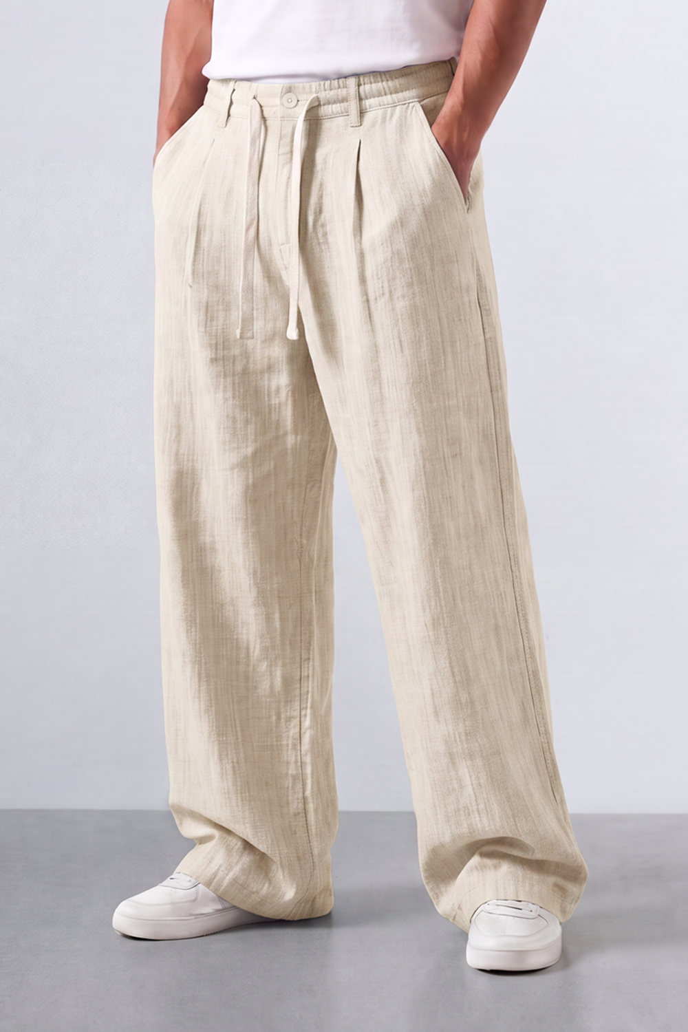 Men’s Tomato Store Pleat Breeze Wide Oversize Linen Pants Slub Grain Texture Runs Vertically Through The Body Front Pleat Detail