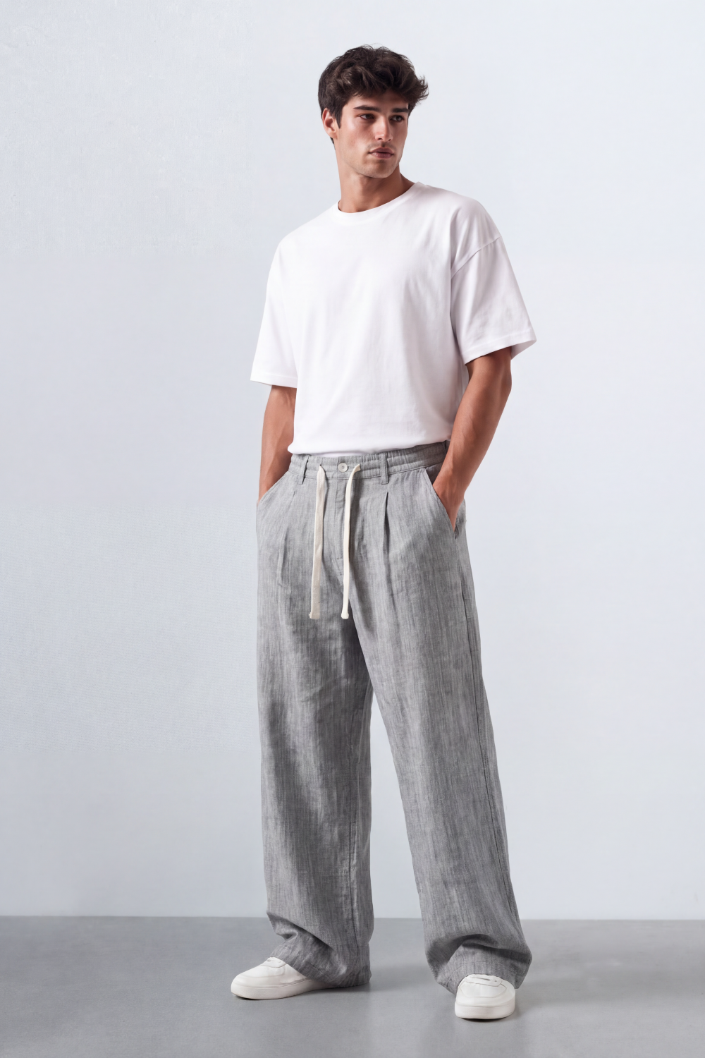 Men’s Tomato Store Pleat Breeze Wide Oversize Linen Pants Slub Grain Texture Runs Vertically Through The Body Front Pleat Detail