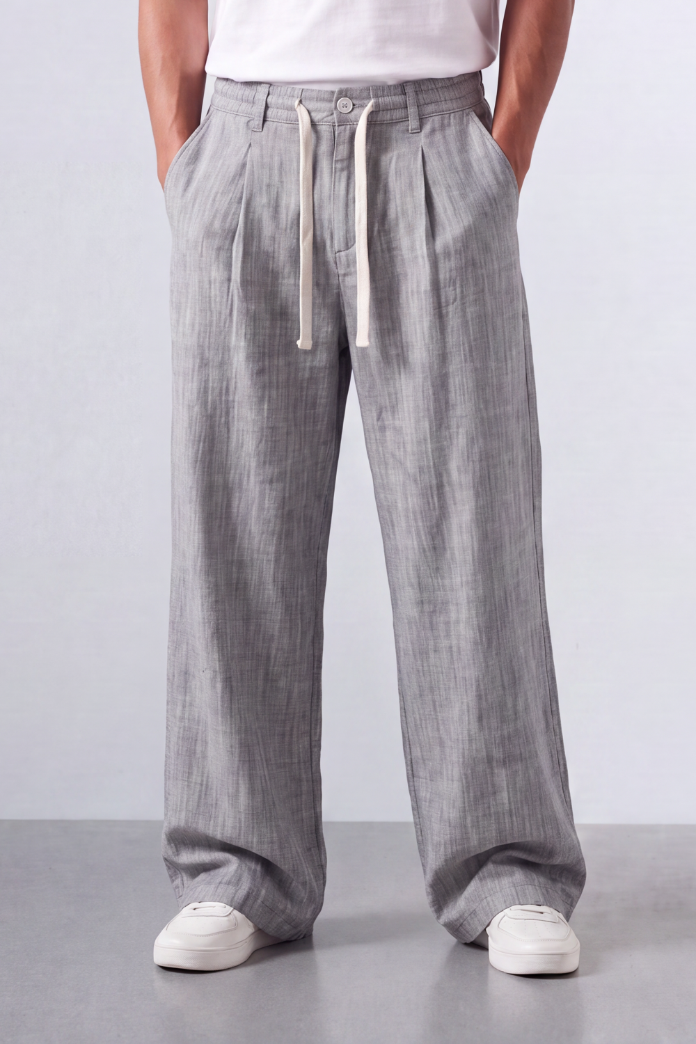 Men’s Tomato Store Pleat Breeze Wide Oversize Linen Pants Slub Grain Texture Runs Vertically Through The Body Front Pleat Detail
