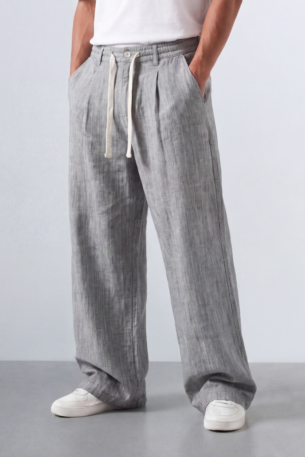Men’s Tomato Store Pleat Breeze Wide Oversize Linen Pants Slub Grain Texture Runs Vertically Through The Body Front Pleat Detail
