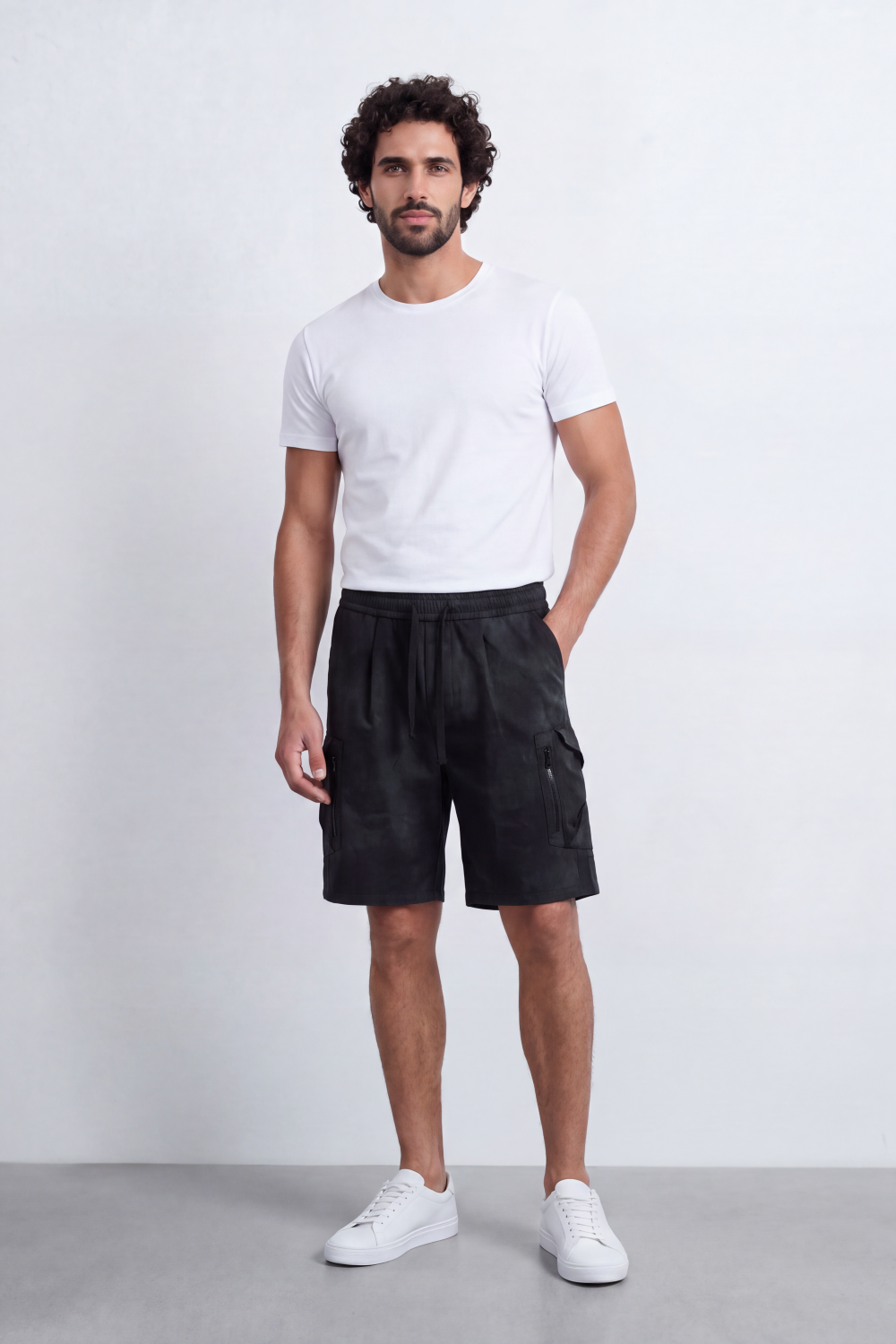 Men's Tomato Store Oversize Washed Cargo Bermuda Shorts Cloud Dye Finish Elastic Drawstring Waist Utility Zip