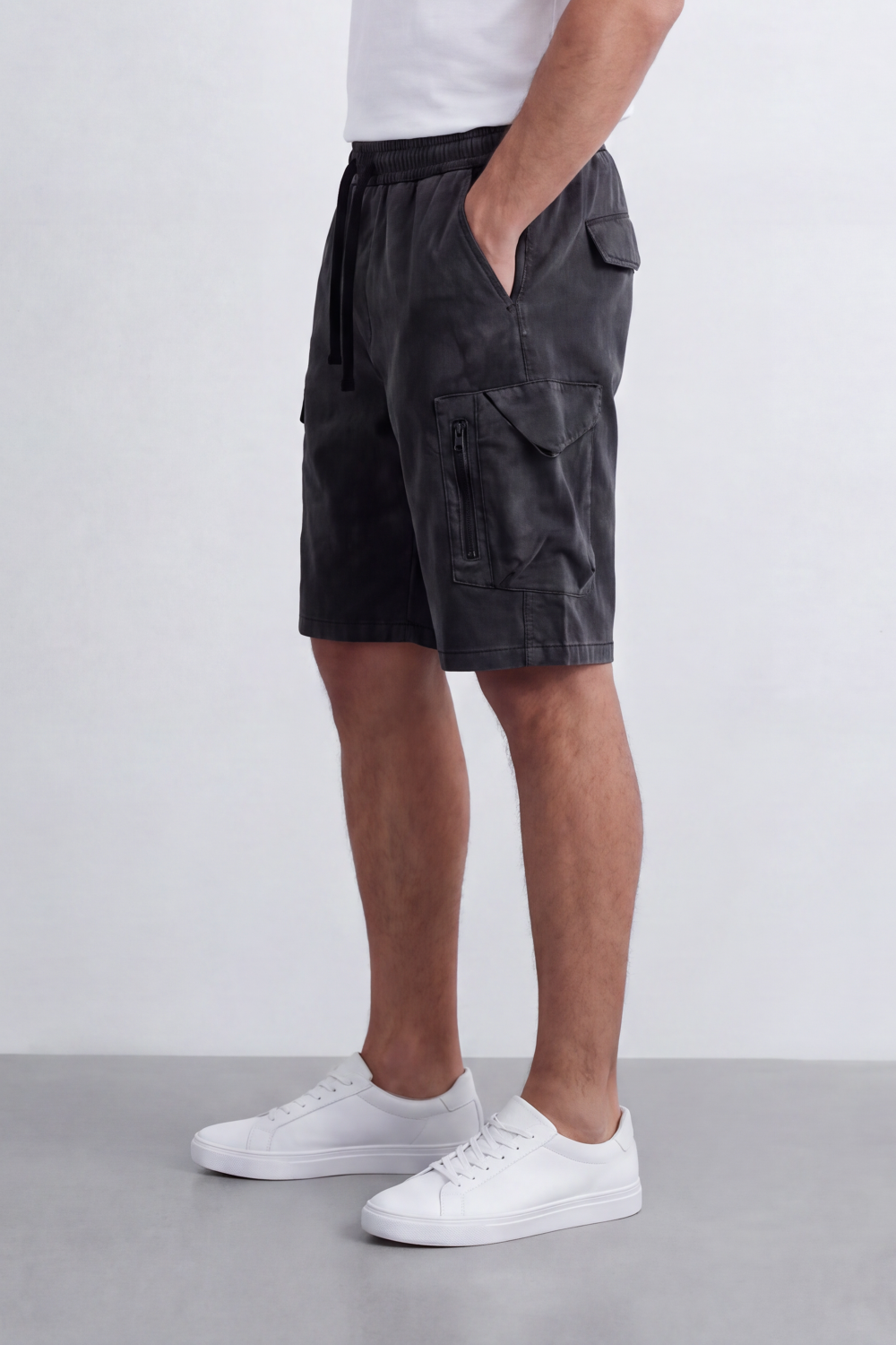 Men's Tomato Store Oversize Washed Cargo Bermuda Shorts Cloud Dye Finish Elastic Drawstring Waist Utility Zip