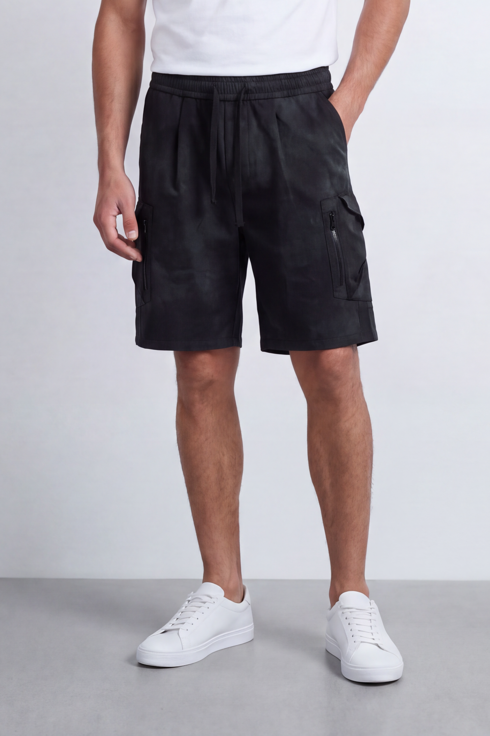 Men's Tomato Store Oversize Washed Cargo Bermuda Shorts Cloud Dye Finish Elastic Drawstring Waist Utility Zip