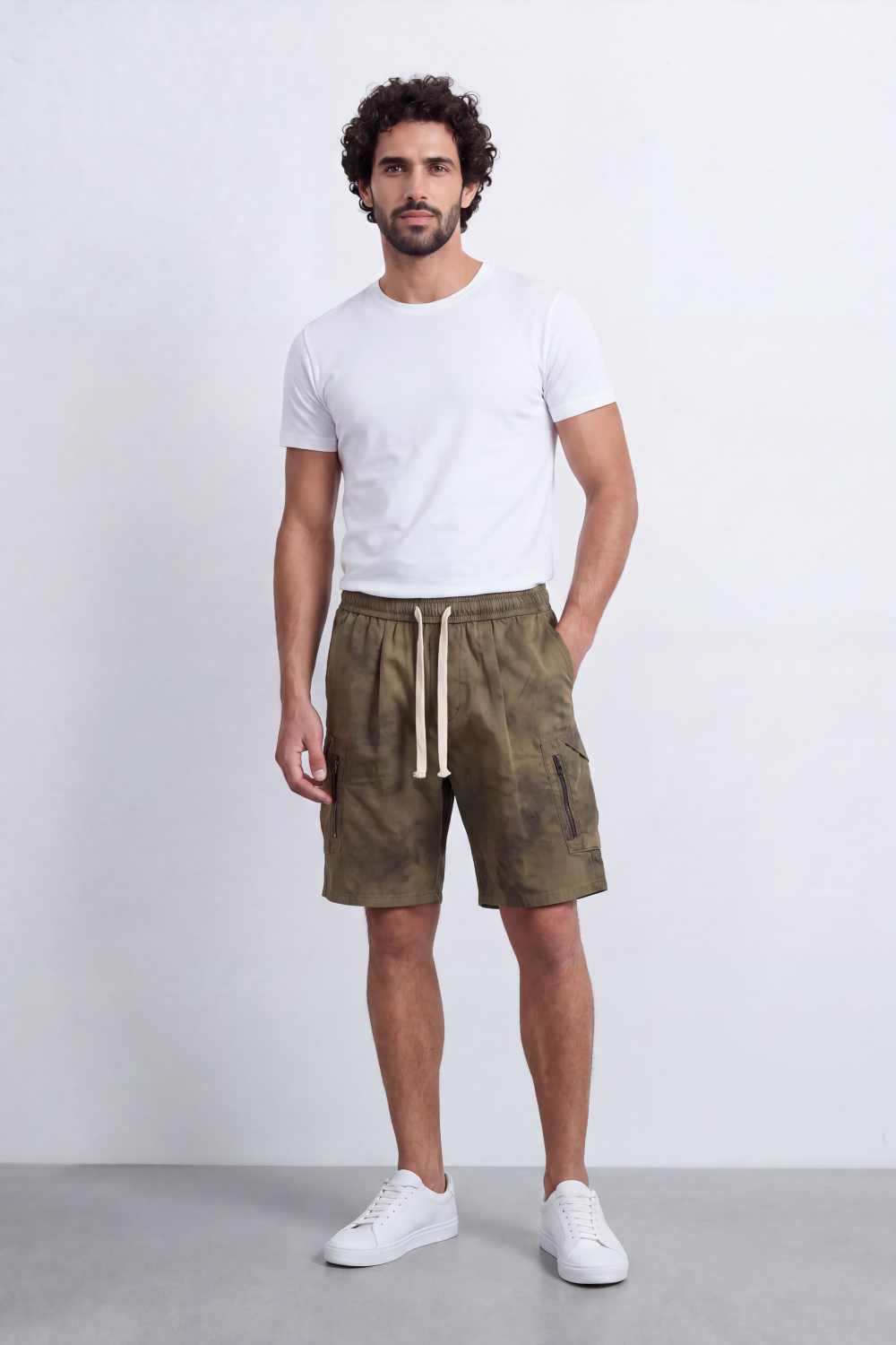 Men's Tomato Store Oversize Washed Cargo Bermuda Shorts Cloud Dye Finish Elastic Drawstring Waist Utility Zip