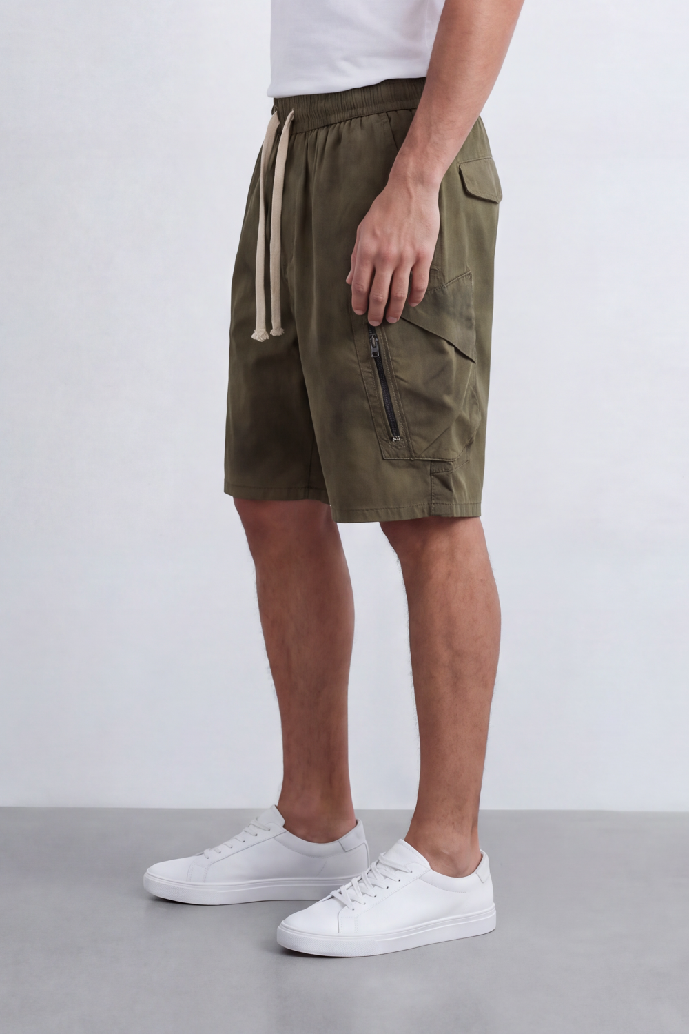 Men's Tomato Store Oversize Washed Cargo Bermuda Shorts Cloud Dye Finish Elastic Drawstring Waist Utility Zip