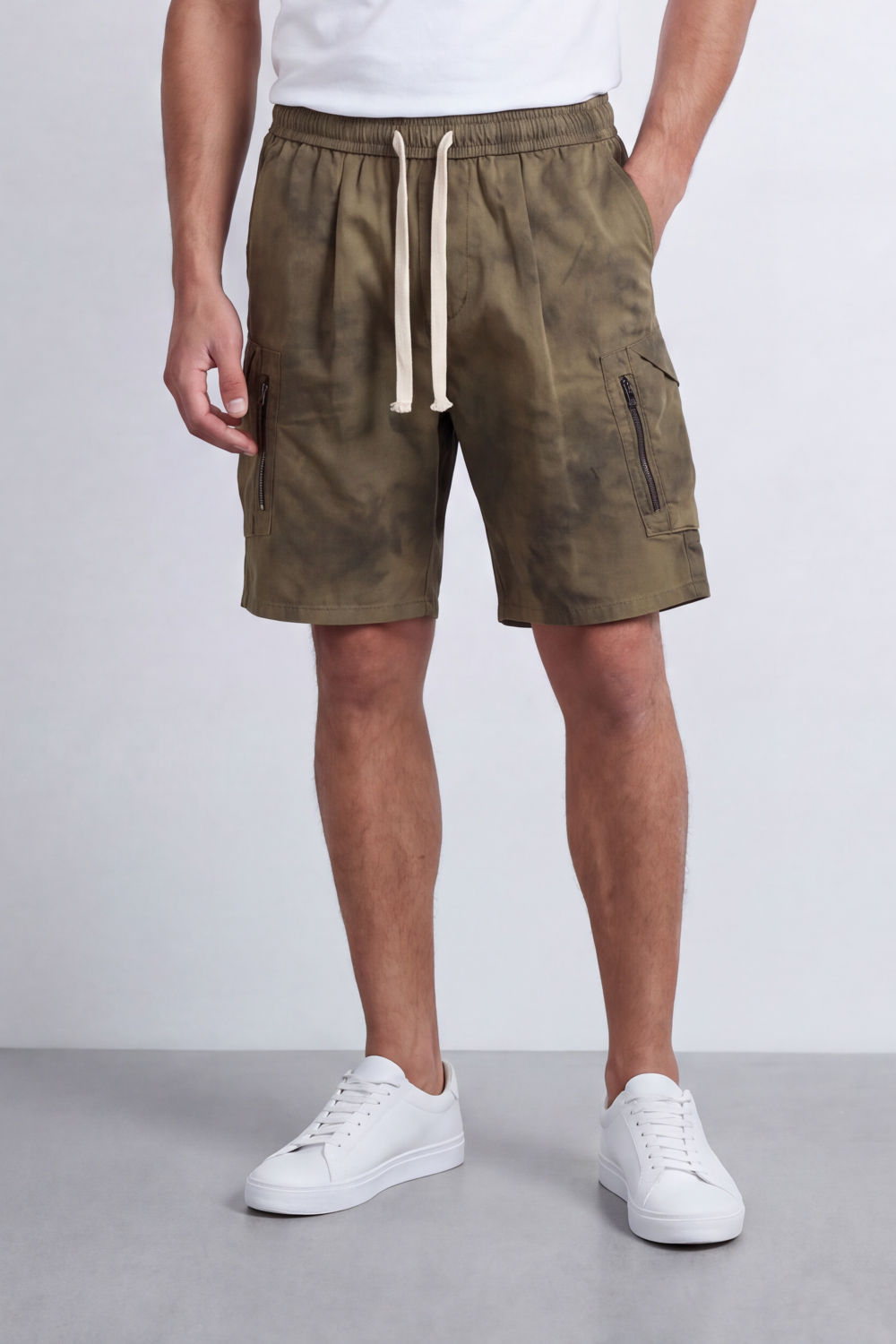 Men's Tomato Store Oversize Washed Cargo Bermuda Shorts Cloud Dye Finish Elastic Drawstring Waist Utility Zip
