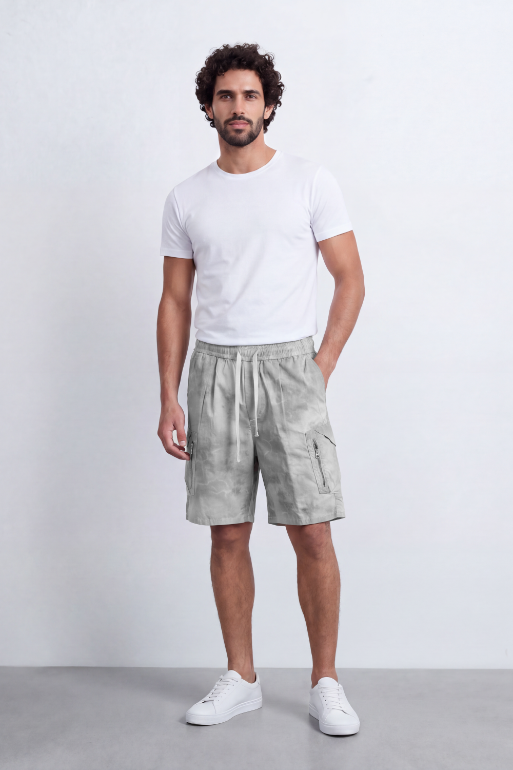 Men's Tomato Store Oversize Washed Cargo Bermuda Shorts Cloud Dye Finish Elastic Drawstring Waist Utility Zip