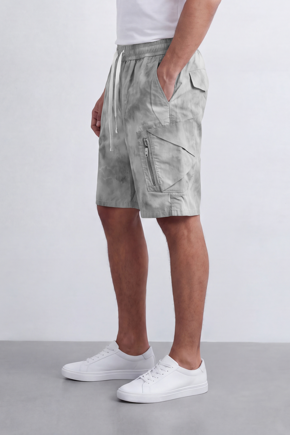 Men's Tomato Store Oversize Washed Cargo Bermuda Shorts Cloud Dye Finish Elastic Drawstring Waist Utility Zip