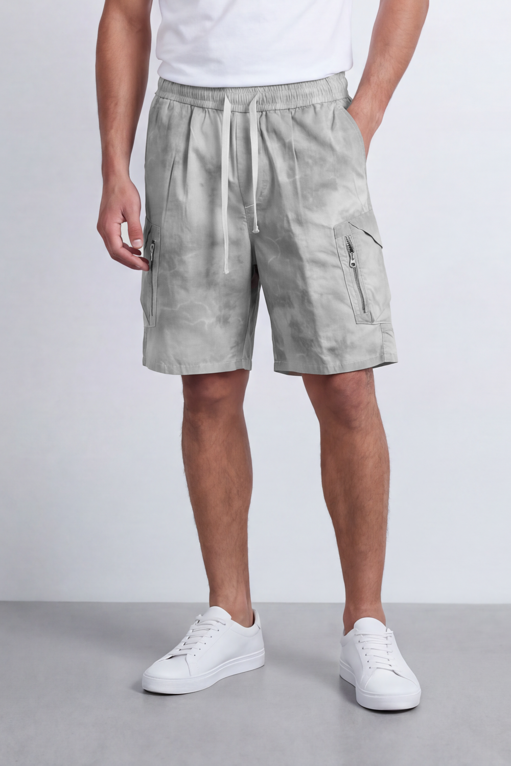 Men's Tomato Store Oversize Washed Cargo Bermuda Shorts Cloud Dye Finish Elastic Drawstring Waist Utility Zip