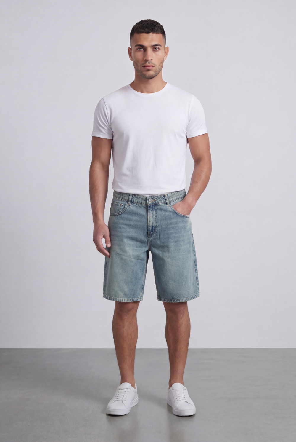 Men’s Tomato Store Weekend Used Denim Bermuda Shorts Build Belt Loops Knee Length Cut