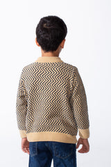 Boy's Quarter Zip All Over Chevron Jakar Pattern Ribbed Mock Neck Cuffs And Hem Cozy Knit Pullover