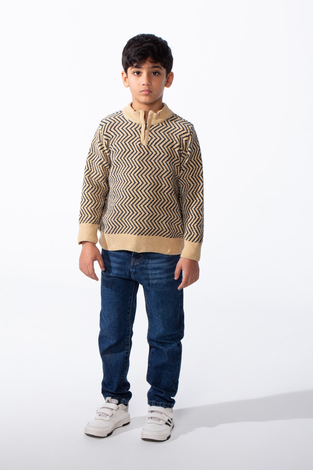 Boy's Quarter Zip All Over Chevron Jakar Pattern Ribbed Mock Neck Cuffs And Hem Cozy Knit Pullover