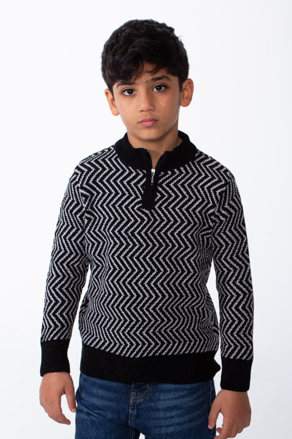 Boy's Quarter Zip All Over Chevron Jakar Pattern Ribbed Mock Neck Cuffs And Hem Cozy Knit Pullover