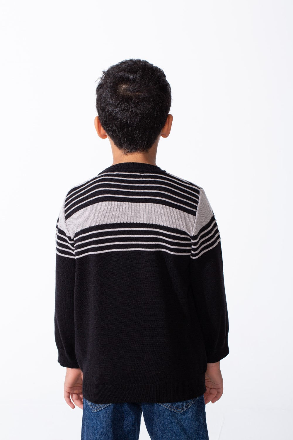 Boy's Crew Neck Knit Horizontal Stripes Fine-Rib Collar Cuffs Pullover
