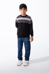 Boy's Crew Neck Knit Horizontal Stripes Fine-Rib Collar Cuffs Pullover