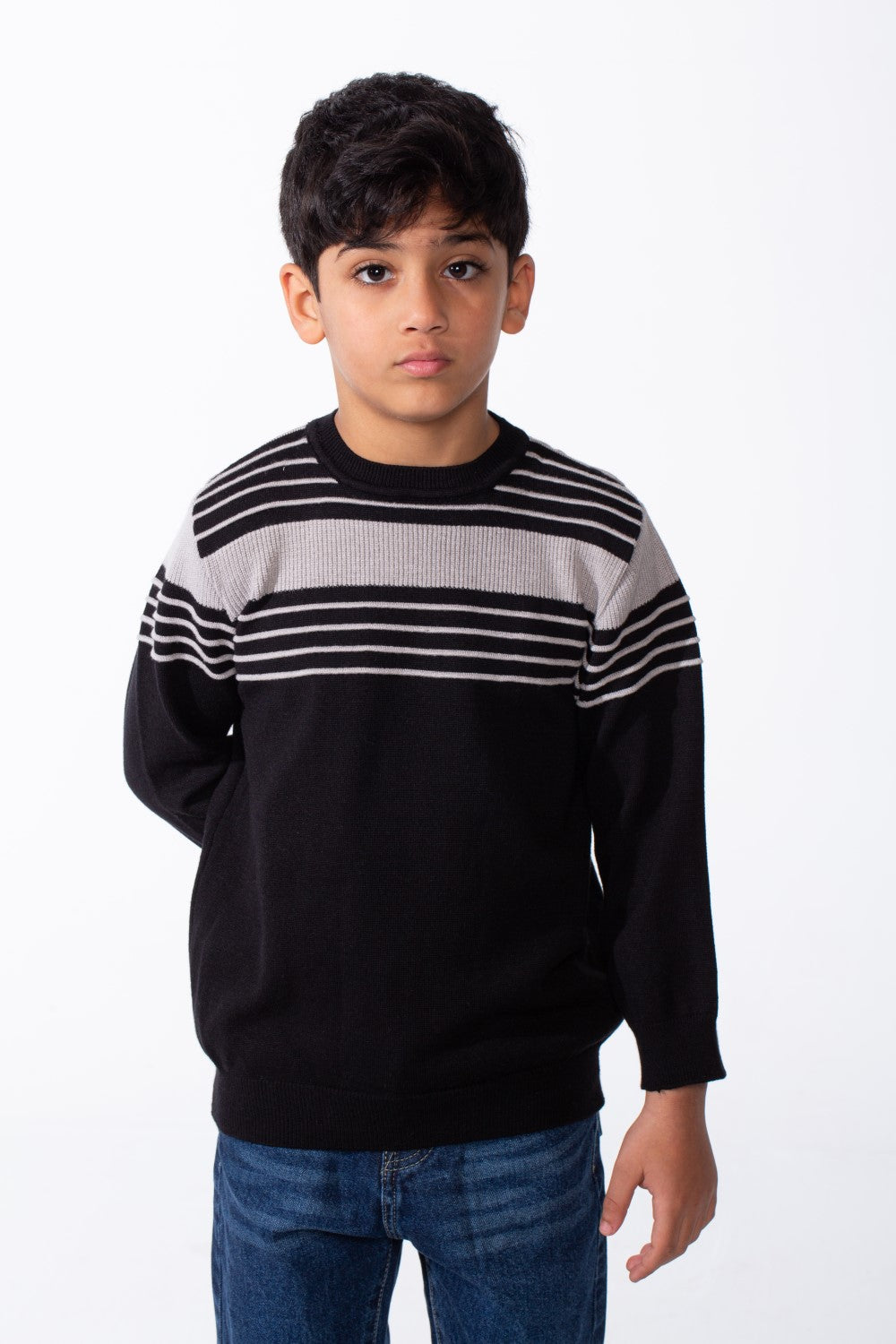 Boy's Crew Neck Knit Horizontal Stripes Fine-Rib Collar Cuffs Pullover