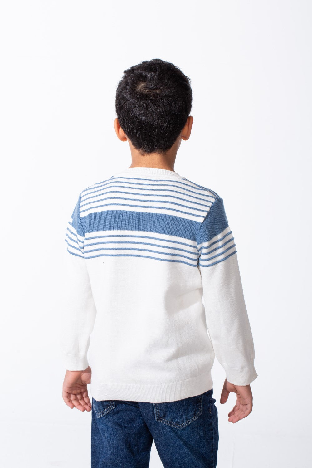 Boy's Crew Neck Knit Horizontal Stripes Fine-Rib Collar Cuffs Pullover